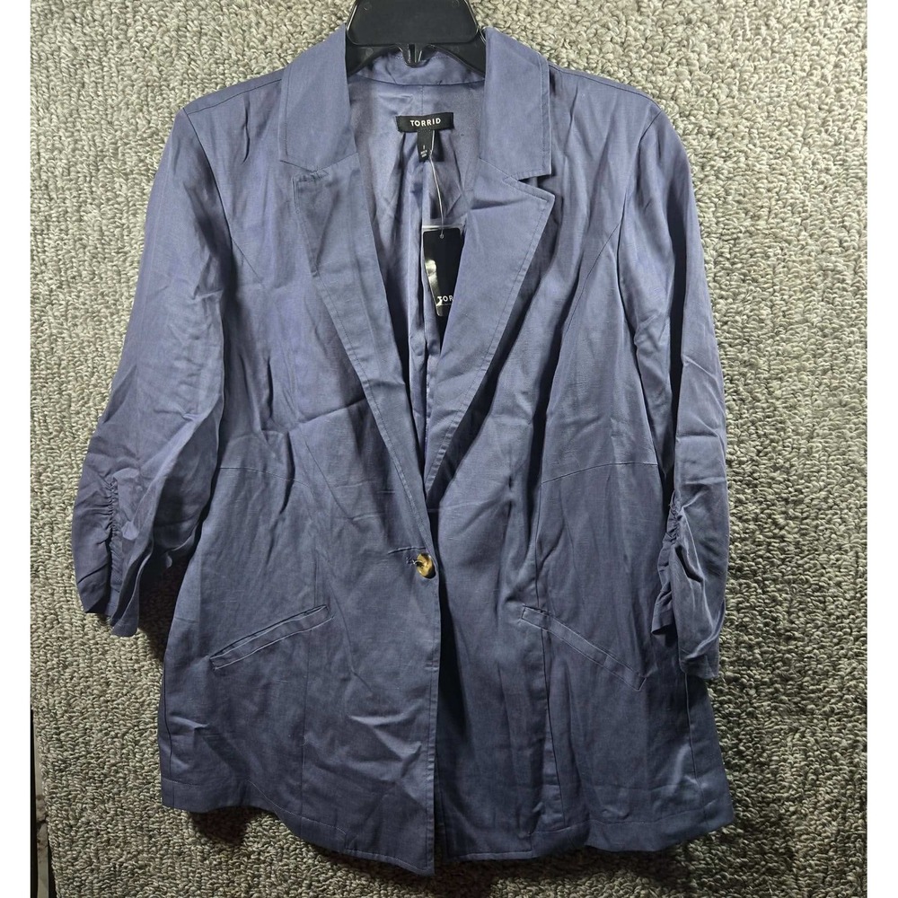 Torrid Linen Blazer Blue Ruched Sleeve Single Button Plus Size 1X 14-16
